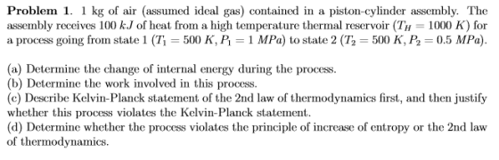 Problem 1. 1 kg of air (assumed ideal gas) contained in a piston-cylinder assembly. The a process going from state 1 (T = 500