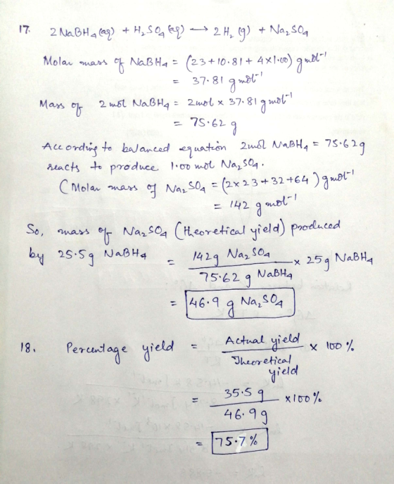 Molan onan ck №BHa_ (23+10.81+ 4x1.co) aur, 37.8 Mars% 2 = 7S.62 Maton x 254 NabH 7562 9 NaBHa 18. Percudage yield Actual yie