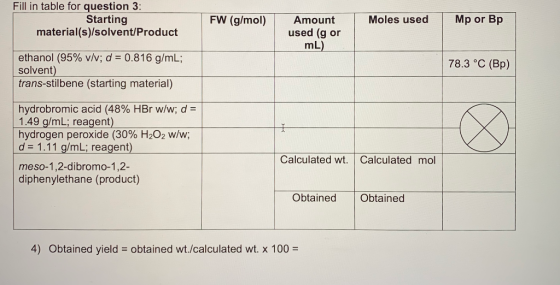 Fill in table for question 3: Starting material(s)/solvent/Product FW (g/mol) Moles used Mp or Bp Amount used (g or mL) 78.3