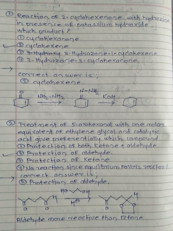 Reaction of 2 - cyclohexenone with hydrazine to presence of potassium hydroxide which product ? 10 cyclohexanone - cyclohexen