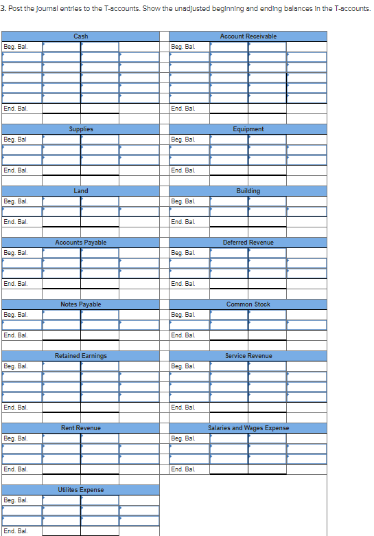 3. Post the journal entries to the T-accounts. Show the unadjusted beginning and ending balances in the T-accounts. Cash Acco