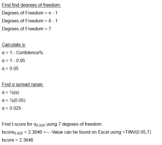 First find degrees of freedom: Degrees of Freedom = n - 1 Degrees of Freedom = 8-1 Degrees of Freedom = 7 Calculate a: a = 1