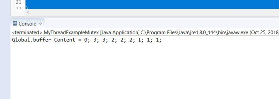 21 つつ B Console X terminated> MyThreadExampleMutex Java Application] C:Program FilesJavaljre 1.8.0 14binljavaw.exe (Oct 25, 2018 Global.buffer Content 0; 3; 3; 2; 2; 2; 1; 1; 1;