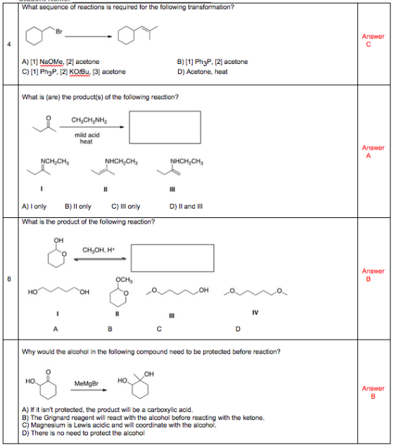 What sequence of reactions is required for the following transformation? Answer A) (1) NaoMe, (2) acetone C) [1] Ph3P. [2] KO