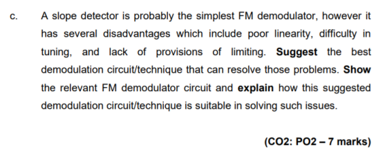 C. A slope detector is probably the simplest FM demodulator, however it has several disadvantages which include poor linearit