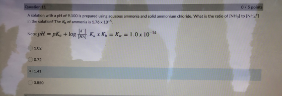 Question 11 0/5 points A solution with a pH of 9.100 is prepared using aqueous ammonia and solid ammonium chloride. What is t