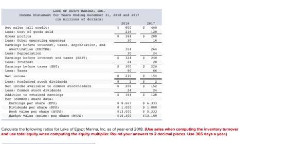 $ 2017 400 120 280 16 S 264 240 LAKE OF EGYPT MARINA, INC. Income Statement for Years Ending December 31, 2018 and 2017 (in m