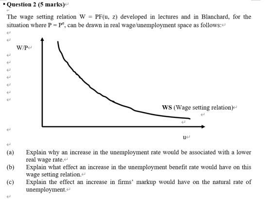 Question 2 (5 marks) The wage setting relation W = PF(u, z) developed in lectures and in Blanchard, for the situation where P