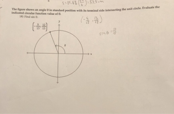 6 .657.5 The fgure shows an angle 0 in standard position with is terminal side intersecting the unit circle. Eva indicated ci