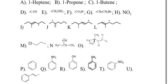 A). 1-Heptene; B). 1-Propene; C). 1-Butene ; D). BN E). CHÍNH: F). COH; G). CHỊCH,Br; H). NO, Dyr, intri in OH ;N HỌC-CH=CH,