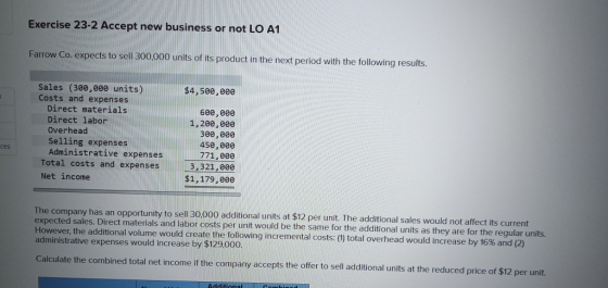 Exercise 23-2 Accept new business or not LO A1 Farrow Co. expects to sell 300,000 units of its product in the next period wit