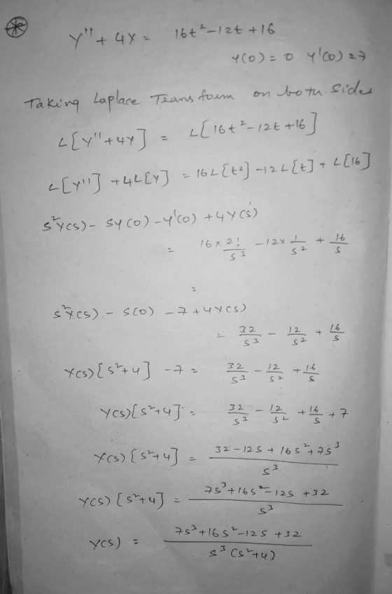 y + 4y 16-12t +16 4(o)=0 y(o) 27 Taking Laplace Teans form on both sides <[y +4Y] = L[16+²-12t+16 2[yil] +42[y] = 162{+2]