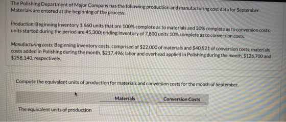 The Polishing Department of Major Company has the following production and manufacturing cost data for September. Materials a