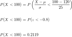 \small \\ P( X < 100) = P\left ( \frac{ X - \mu}{\sigma} < \frac{100 - 120}{25} \right ) \\\\ \\ P(X < 100) = P (z<-0.8) \\\\\\ P(X < 100) = 0.2119