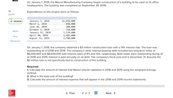 On January 1, 2018, the Mason Manufacturing Company began construction of a building to be used as its office headquarters. T
