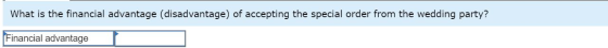 What is the financial advantage (disadvantage of accepting the special order from the wedding party? Financial advantage