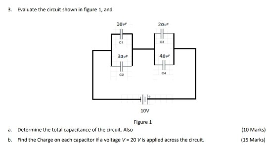 3. Evaluate the circuit shown in figure 1, and 10uF 20u C1 C3 30u 40 C2 10V Figure 1 (10 Marks) (15 Marks) a. Determine the total capacitance of the circuit. Also b. Find the Charge on each capacitor if a voltage V 20 V is applied across the circuit.