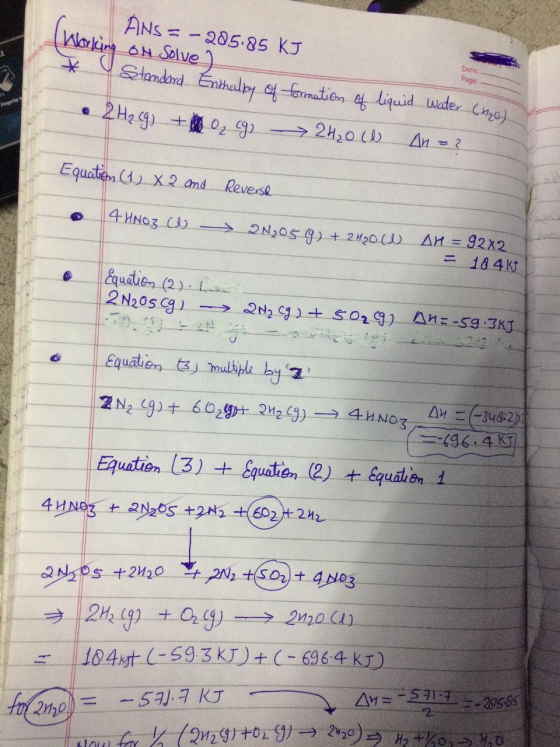 ANS = -205.85 KJ Working on Solve] * 4 Standard Enthalpy of formation of liquid water (120) • 2 H₂(g) + ₂ cg) - 2H₂0 (1) An=