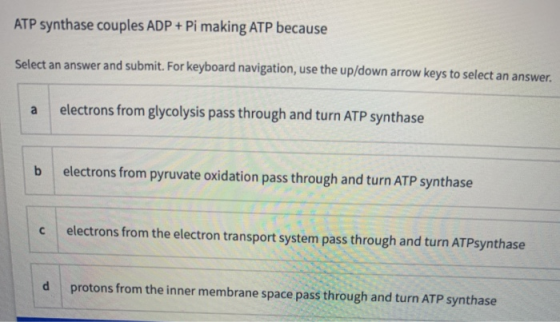 ATP synthase couples ADP + Pi making ATP because Select an answer and submit. For keyboard navigation, use the up/down arrow