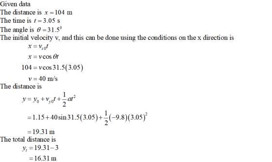 Given data The distance is x- 104 m The time is t -3.05 s The angle is θ-3 1 .50 The initial velocity v, and this can be done using the conditions on the x direction is 104-vcos 31.5(3.05) v -40 m/s The distance is 2 2 -1.15+40 sin 3 1.5(3.05)--(-9.8)(3.05) 2 19.31 m The total distance is y, 19.3 1-3 - 16.31 m