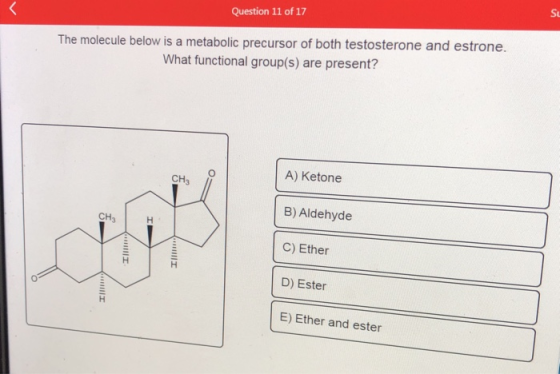 Question 11 of 17 SU The molecule below is a metabolic precursor of both testosterone and estrone. What functional group(s) a