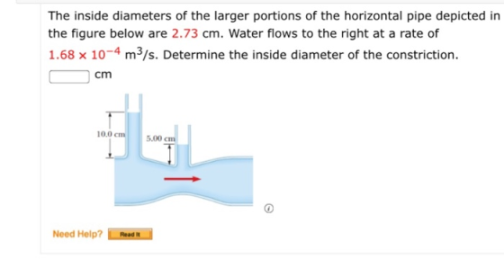 The inside diameters of the larger portions of the horizontal pipe depicted in the figure below are 2.73 cm. Water flows to t