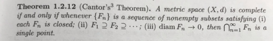 Theorem 1.2.12 (Cantor’s3 Theorem). A metric space (X,d) is complete if and only if whenever {Fn} is a sequence of nonempty s