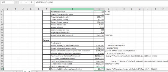 H27 =PMT(H10, H5,-H26) A B C D E F Ι Ι Ι Κ Ι ι Ι Μ Ι Ν Ι Ο Ι Ρ Years to retirement Length of retirement (in years) Amount alr