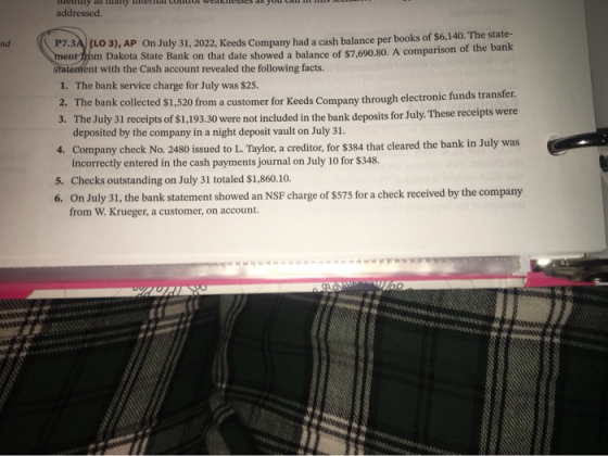 Tuently as Helly Hendl CUILIUI WedICSSeS as you call ILS JL addressed. P7.3A (LO 3), AP On July 31, 2022. Keeds Company had a