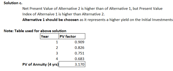 Solution c. Net Present Value of Alternative 2 is higher than of Alternative 1, but Present Value Index of Alternaive 1 is hi