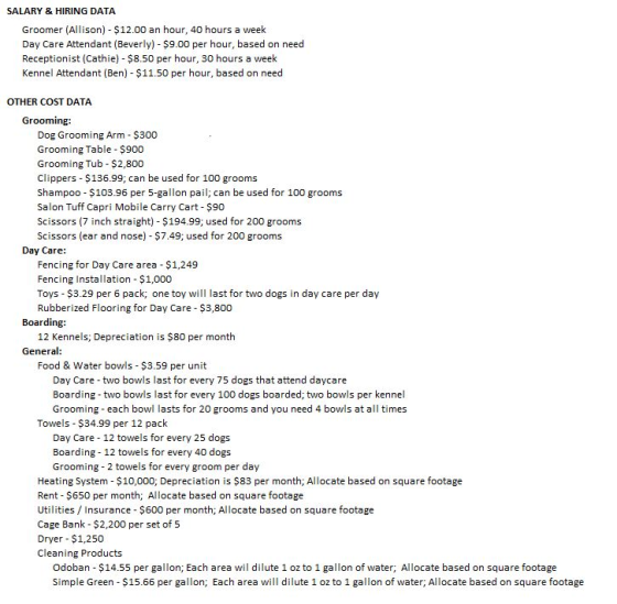 SALARY & HIRING DATA Groomer (Allison) - $12.00 an hour, 40 hours a week Day Care Attendant (Beverly) - $9.00 per hour, based