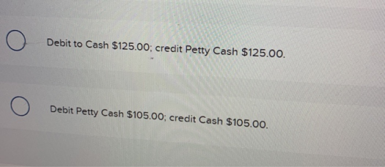 Debit to Cash $125.00; credit Petty Cash $125.00. Debit Petty Cash $105.00; credit Cash $105.00.