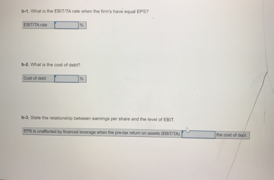 b-1. What is the EBIT/TA rate when the firms have equal EPS? EBIT/TA rate b-2. What is the cost of debt? Cost of debt b-3. S