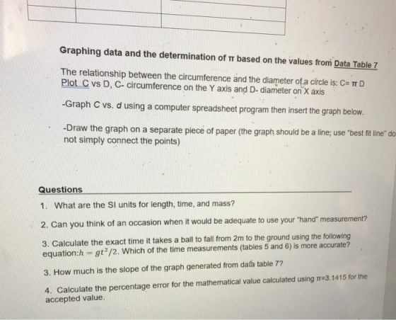 Graphing data and the determination of T based on the values from Data Table 7 The relationship between the circumference and the diameter ota circle is: C Plot C vs D, C- circumference on the Y axis and D- diameter on X axis -Graph C vs. d using a computer spreadsheet program then insert the graph below. -Draw the graph on a separate piece of paper (the graph should be a line; use best fit line do not simply connect the points) Questions 1. What are the SI units for length, time, and mass? 2. Can you think of an occasion when it would be adequate to use your hand measurement? 3. Calculate the exact time it takes a ball to fall from 2m to the ground using the following equation:h gt /2. Which of the time measurements (tables 5 and 6) is more accurate? 3. How much is the slope of the graph generated from data table 7? 4. Calculate the percentage error for the mathematical value calculated using T-3.1415 for the accepted value.