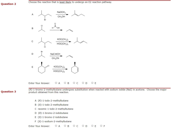 Choose the reaction that is least likely to undergo an E2 reaction pathway. Question 2 NaOCH3 CH,он Br O он В кос(сH,) нос(CH