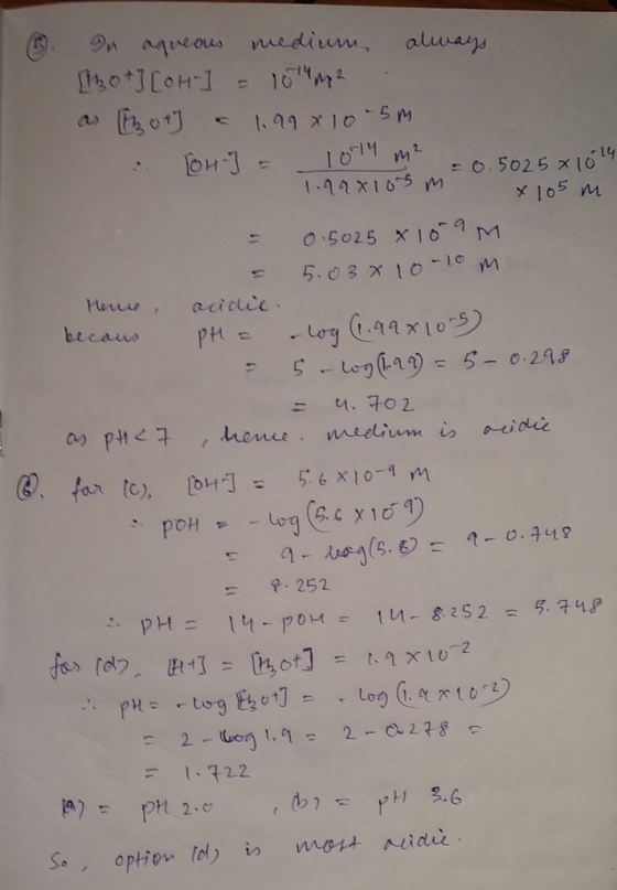 16. On aqueous medium always [hot] [oH] = 10m2 as not a 1.99 x 10.5m. a LOH = 1014 m² nou = 0.5025 x 1014 Traxtos x 105 m = 0