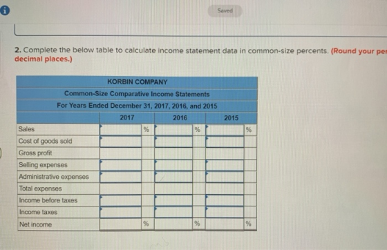 2. Complete the below table to calculate income statement data in common-size percents. (Round your per decimal places.) 2015