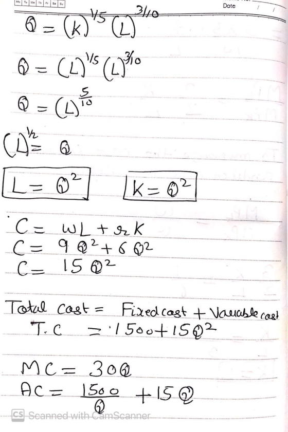 Dote 0 = * (2140 © = (_)** (13% [= 02] K= 02 C = Wht rk C = 9 @²+682 C= 15 9² Total cost = Fixed cast & Vanable cast T.C 3.15