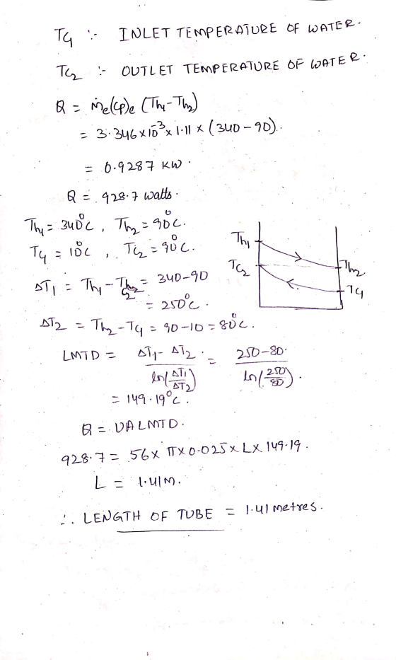 TG: INLET TEMPERATURE OF WATER. The ! OUTLET TEMPERATURE OF WATER: Q = Melle (The Thy) = 3:346X163x i11 * ( 340 - 90). = :0.9