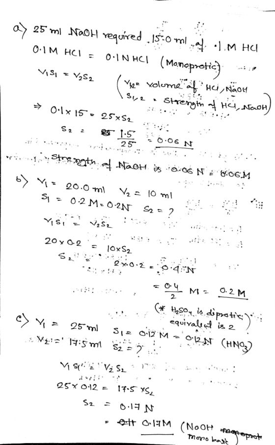 25 ml NaoH vequired IS-O ml ].M HU o-1N HCI (Manapretic O.1M HCI = VISI 2olome aHiNao Sレ2 Strengin H. NaoH O.x 5 25xS2 S2 O.0