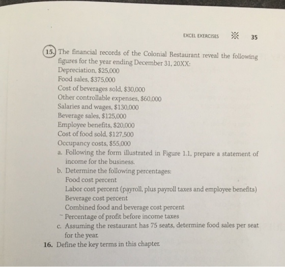EXCEL EXERCISES X 35 15.) The financial records of the Colonial Restaurant reveal the following figures for the year ending December 31, 20xx: Depreciation, $25,000 Food sales, $375,000 Cost of beverages sold, $30,000 Other controllable expenses, $60,000 Salaries and wages, $130,000 Beverage sales, $125,000 Employee benefits, $20,000 Cost of food sold, $127,500 Occupancy costs,$55,000 a. Following the form illustrated in Figure 1.1, prepare a statement of income for the business. b. Determine the following percentages: Food cost percent Labor cost percent (p?yroll, plus payroll taxes and employee benefits) Beverage cost percent Combined food and beverage cost percent Percentage of profit before income taxes c. Assuming the restaurant has 75 seats, determine food sales per seat for the year. 16. Define the key terms in this chapter
