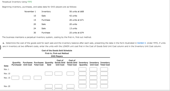 Perpetual Inventory Using FIFO Beginning inventory, purchases, and sales data for DVD players are as follows: November 1 Inve
