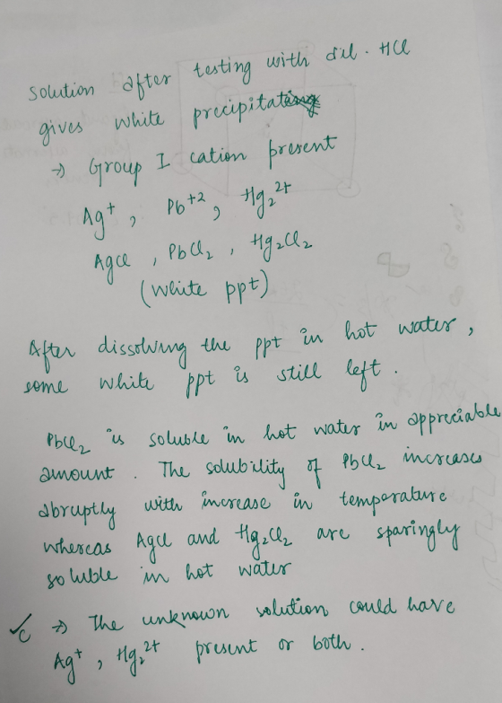 solution after testing with dil. Hle gives white precipitation & Group I cation present Ag+, Pyth, Hg, 27 Agce , Pbly, Hgalla