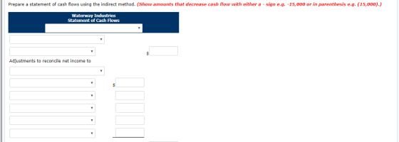 Prepare a statement of cash flows using the indirect method. (Show amounts that decrease cash flow with either a - sign e.q.