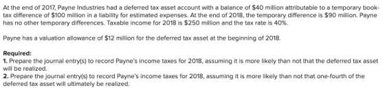 At the end of 2017, Payne Industries had a deferred tax asset account with a balance of $40 million attributable to a tempora