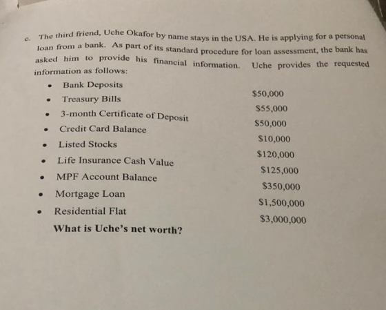 c. The third friend, Uche Okaforb by name stays in the USA. He is applying for a personal loan from a bank. As part of its st
