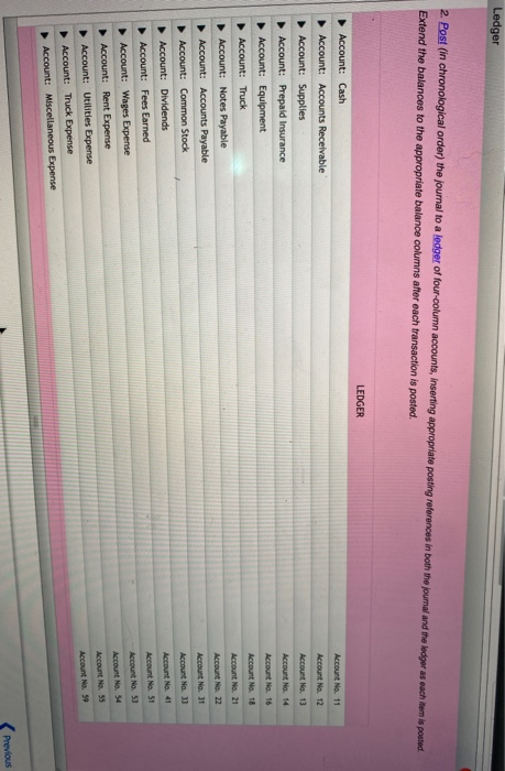 Ledger 2. Post (in chronological order) the journal to a ledger of four-column accounts, inserting appropriate posting refere