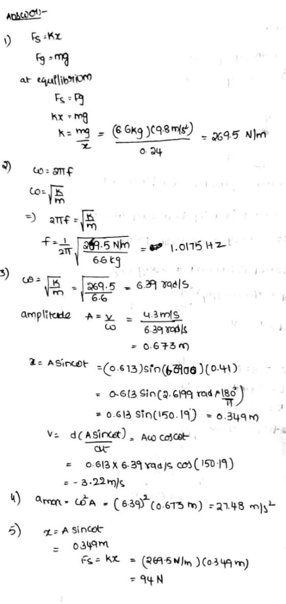 AOOWO- 0 Fs = kx Fg = mg at equalliberium Fs = Fg kr-mg k= mg - (6.6kg )(9.8 m/s) - 369.5 Nim 0.24 2) w-anf 16.6 =) Qif - Bin
