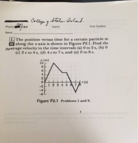 College of Staten Island 160 Exami Prof. Cordero Physics Name 1. The position versus time for a certain particle m W along th