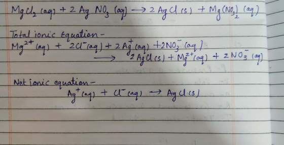 - Mg Cl, (aq) + 2 Ag NO, Cag] — 2 Ag lis) + Mg(No,) (aq) Total ionic Equation- Mg2+ (aq) + 24 (aq) + 2 Ag lag) +2 Noz (aq) >